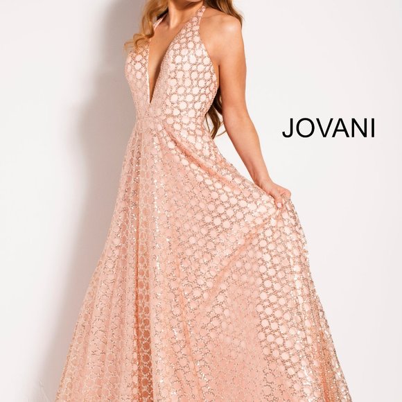 Jovani Blush Sequin Halter Prom Dress - Picture 2 of 11